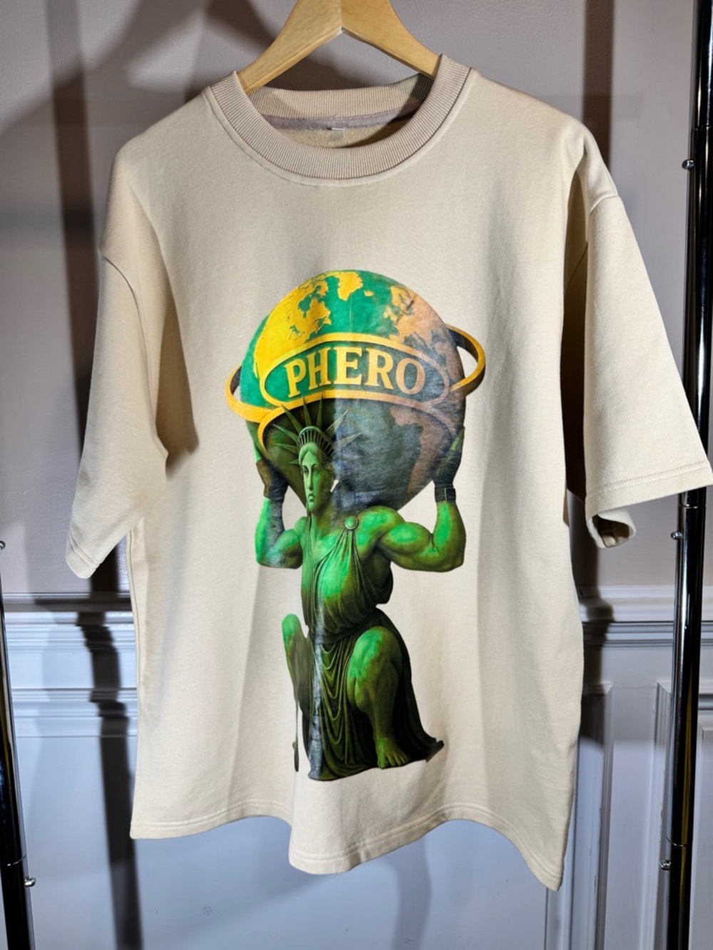 Beige Short Sleeve Graphic Tee with Green Liberty Print - Picture 7 of 8